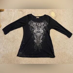 Black Long Sleeve Women's Y2K Top with Floral Design